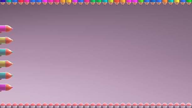 Rows of colorful pencils aligned along the top and bottom edges with additional pens on the left side, creating a balanced frame on a soft pastel surface with central negative space for text or graphics