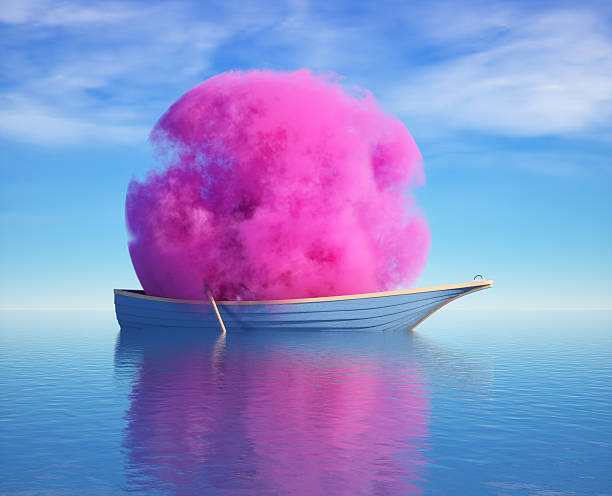 A small boat floats peacefully on tranquil waters. Bright pink smoke erupts from the boat, creating a striking contrast against the clear blue sky and calm surface. This is a 3d render illustration