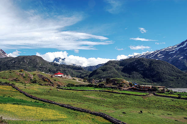 istock Beautiful mountainous landscape with green fields and distant snow-capped peaks 2243343273
