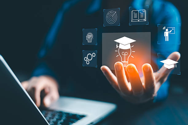 istock Concept of online education and digital learning is illustrated by hand using laptop, surrounded by icons such diploma, brain, target-symbolizing ideal e-learning platforms on education, development 2243349298