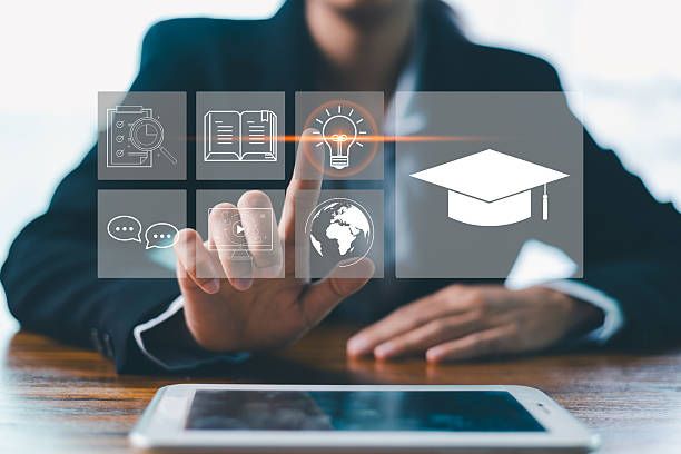 istock Concept of online education and digital learning is illustrated by hand using laptop, surrounded by icons such diploma, brain, target-symbolizing ideal e-learning platforms on education, development 2243349394