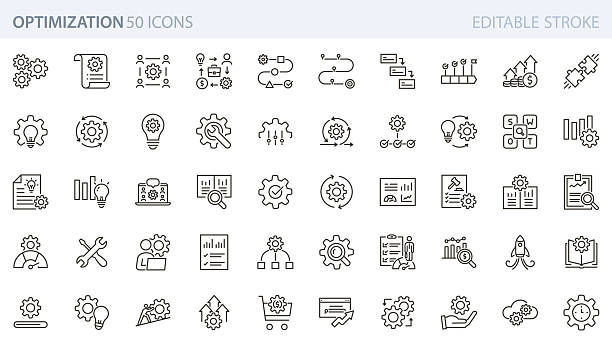 bildbanksillustrationer, clip art samt tecknat material och ikoner med optimization icon set. workflow, performance, process improvement, automation, strategy, analytics, management, business analysis icons. - rätta till