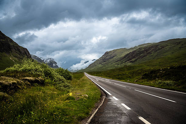 A scenic view of a winding road stretching through the vast green landscape of the Scottish Highlands. The image captures the dramatic atmosphere of dark clouds hovering above the rugged hills, creating a sense of depth and solitude.