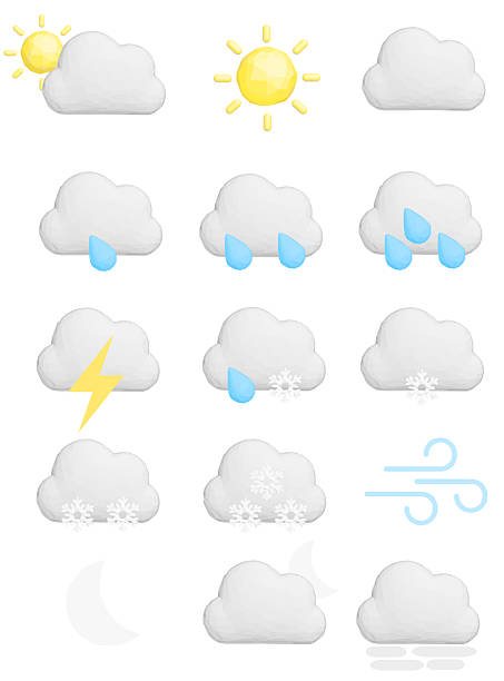 istock Polygonal weather icons set featuring sun, clouds, raindrops, lightning bolt, and snowflakes on a clean white background. 2243357553
