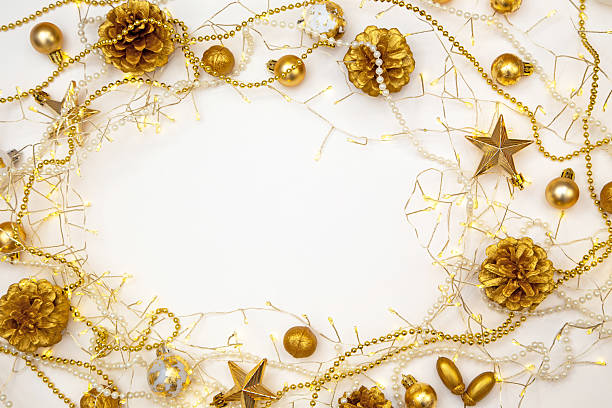 istock Soft golden lights and Christmas decorations on white background. Elegant minimal festive frame with copy space. 2243361577
