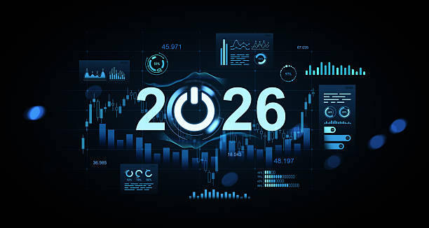 istock Futuristic digital concept design for 2026 with glowing data charts, technology graphics, and power symbol on dark background in blue tones. 3D Rendering 2243366331