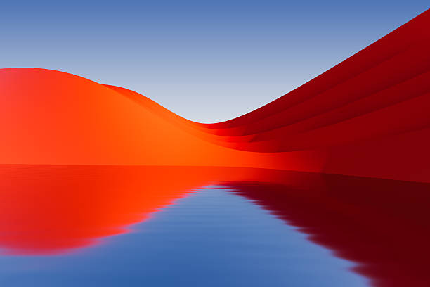 istock Abstract red wave dunes reflected in calm water under clear gradient sky in surreal desert landscape concept scene. 3D Rendering 2243367386