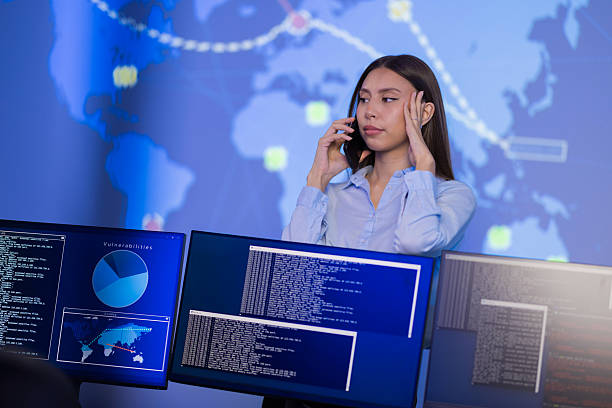 istock Cybersecurity analyst monitoring threat data on screens in a high-tech control room 2243370110