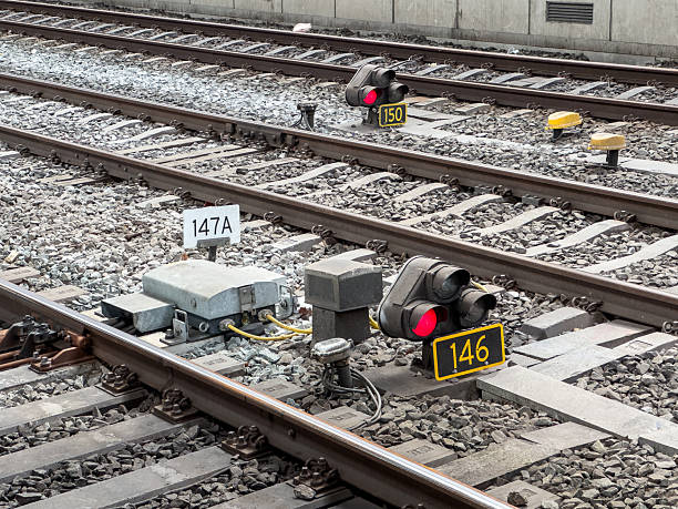istock Railway junction with signal lights and switch mechanism 2243375759