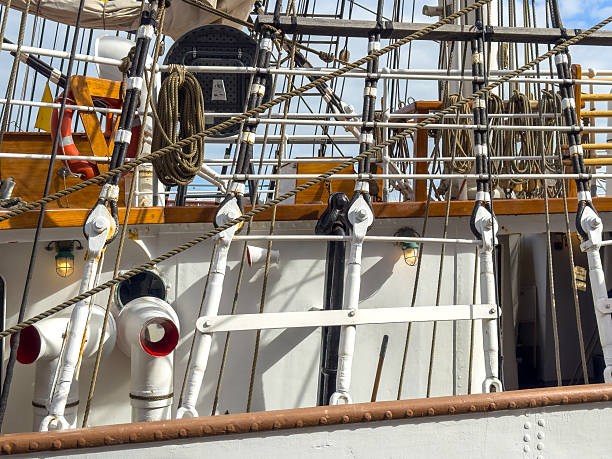 A close-up image showing the intricate rigging, ropes, and structural fittings of a traditional tall sailing ship. The scene highlights the technical craftsmanship of naval engineering, with visible lifeboat gear, pulley systems, rope lines, and woodwork. This composition reflects maritime heritage, functionality, and the precision involved in classic ship design, ideal for themes of seafaring tradition, marine architecture, and sailing culture.