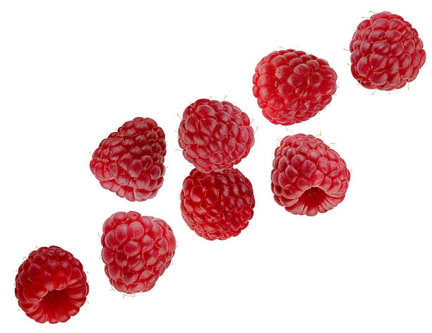 istock Beautifully retouched raspberries fly through space, forming a chain shape. Isolated on white. 2243380577