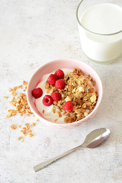istock Healthy Breakfast Bowl with Yogurt, Granola and Raspberries and a teaspoon vertical 2243387297