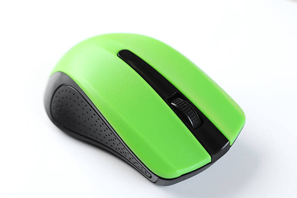 Close-up of a green computer mouse on a white background.