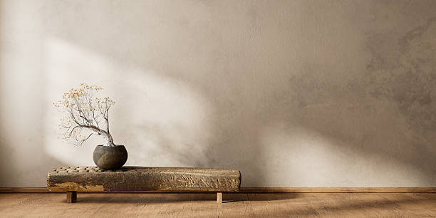 Dark ceramic vase displayed on a rustic wooden bench bring an aesthetic and minimal touch to the interior, blending natural textures with timeless elegance. 3D illustration