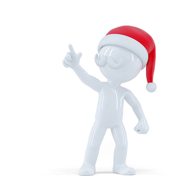 3d illustration of a man wearing a Santa hat and a mustache pointing up with his finger. 3D illustration