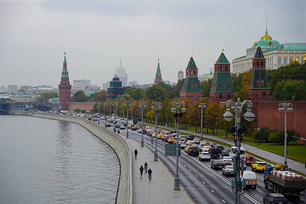 Moscow, Russia - October 8, 2025: Traffic jams on the Kremlin embankment