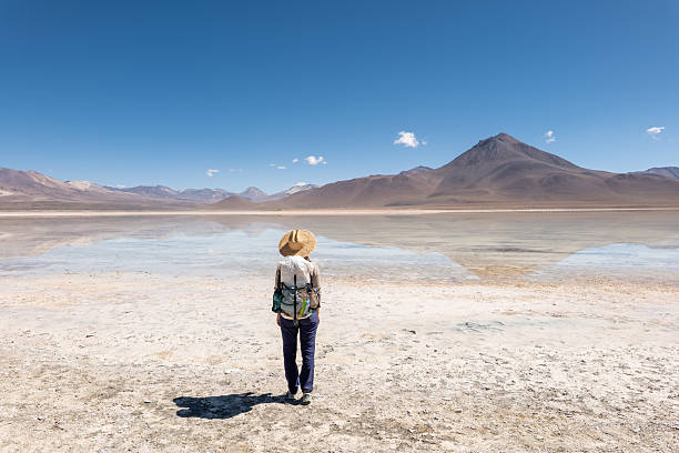 istock Solo Hiker Standing by Salt Flat Lake 2243400305