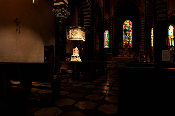 The chalice-shaped Renaissance marble pulpit inside Prato Cathedral, or Cathedral of Saint Stephen, in Prato city center, Tuscany region, Italy
