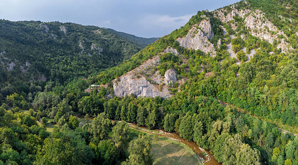 istock Aerial view discovering a lush green river valley, dense forests, and rocky mountains under a warm sky. Nature landscape 2243412285