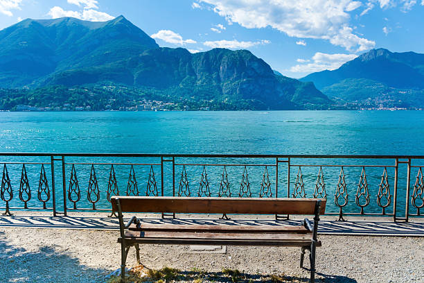Wooden bench with Como Lake view in front