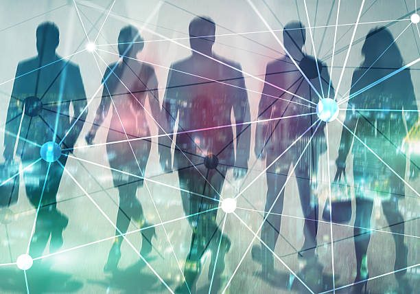 istock Digital network and data connection with business people silhouettes. Technology innovation communication 2243430087