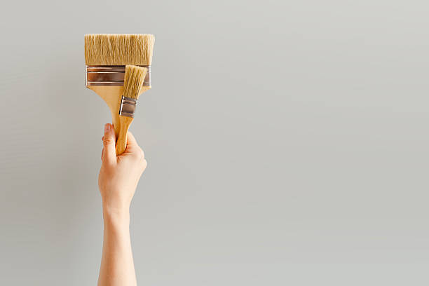 istock Hand Holding Paintbrushes Against Light Gray Wall 2243432339