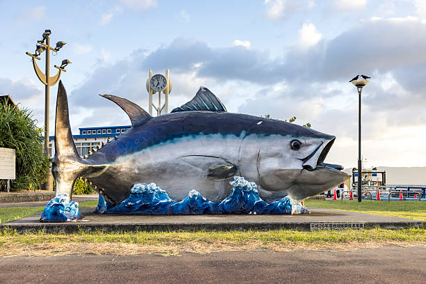 huge tuna statue in the harbor of setouchi, amami oshima, japan.