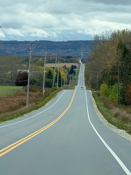 The long straight road of Grey Line 119, west of Collingwood in Ontario