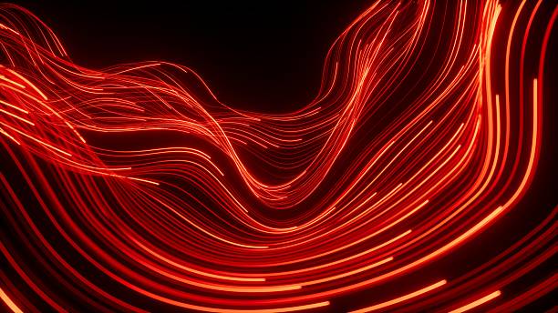 istock 3d render, abstract background of red neon lines and wavy strings glowing in the dark. Speed of light. Fantastic wallpaper 2243436902