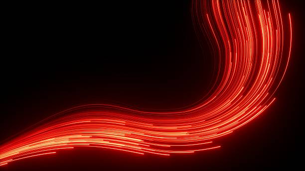 istock 3d render, abstract background of red neon lines and curvy strings glowing in the dark. Speed of light. Fantastic wallpaper 2243436931