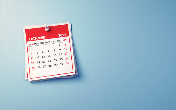 istock October 2026 Calendar on Light Blue Background, White pushpin 2243438554