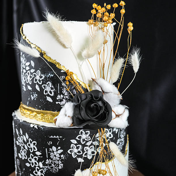 istock Close up view of black and white wedding cake 2243440550