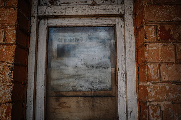 Weathered window frame with peeling paint and blurred signage, showcasing rustic charm and historical character in an urban environment