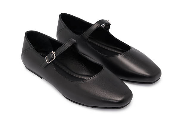 istock Black Leather Flat Shoes For Women On White Background 2243446127