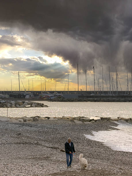 Chiavari, Italy -  October 20,  2025 -An elderly gentleman walks his dog on the beach after a storm.