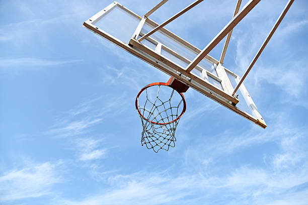 Basketball hoop with its net and a backboard, viewed from a low angle against a clear blue sky with light wispy clouds, representing sports, recreation, and outdoor activity