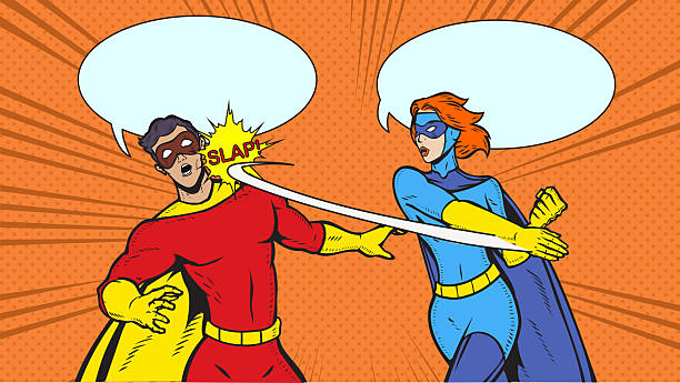 A retro pop art style vector illustration of a female superhero slaps another superhero. Put your text on the spaces available, on the speech bubble or the body. Perfect for a meme. No generative AI was used.
