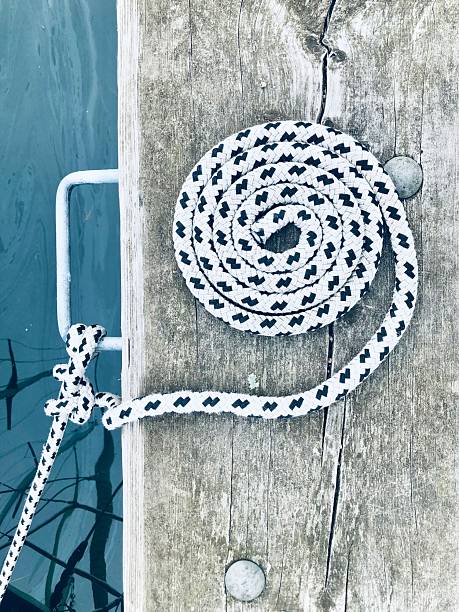istock Mooring rope arranged in a circle on wooden pier 2243478817
