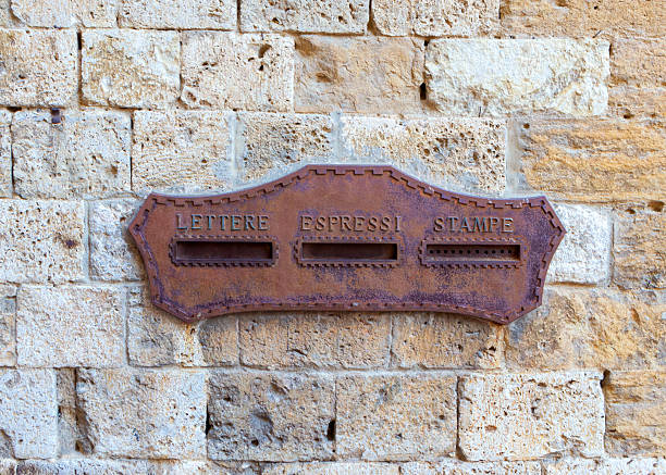 istock Rusty Vintage Mailbox Slot on Stone Wall with Italian Text Letters Stamp Plaque Exterior 2243479649