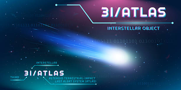 3I ATLAS vector illustration with futuristic style neon elements on gradient starry sky background