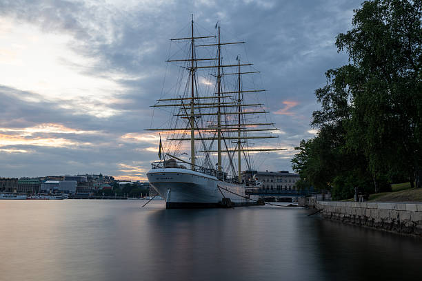 Stockholm, Sweden - Aug 4, 2024: The af Chapman (Dunboyne and the G.D. Kennedy) is a full-rigged steel ship moored on the western shore of the islet Skeppsholmen, now serving as a youth hostel.