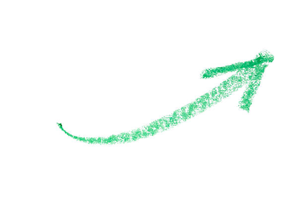 hand drawn arrow with green color crayon on white background