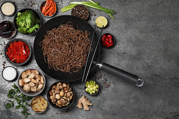 istock Wok with noodles, chicken and other products on grey table, flat lay. Space for text 2243506872