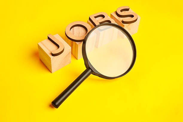 istock Magnifying glass placed by jobs blocks to represent job hunt methodology and analytical employment research for discovering the right opportunity and market fit. 2243511020