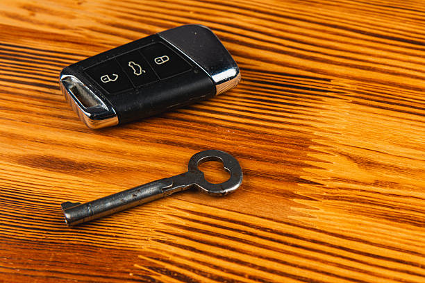 istock Key and car remote on a wooden table with a smooth finish 2243520821