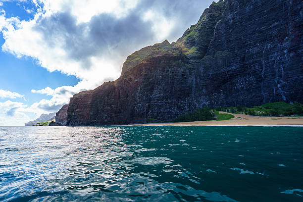 A breathtaking view of the rugged coastal cliffs of the Na Pali Coast on Kauai, Hawaii. Towering volcanic rock formations rise dramatically from the deep blue Pacific Ocean, their slopes covered in patches of lush green vegetation. The afternoon light highlights the textures of the cliffs under a partly cloudy sky with vivid shades of blue. The scene captures the wild, untamed beauty of one of Hawaii’s most iconic and remote coastlines.