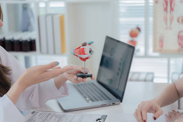 istock A doctor explains an eye disease using a model of an eye on an examination table in a hospital examination room. Diabetic retinopathy 2243526088