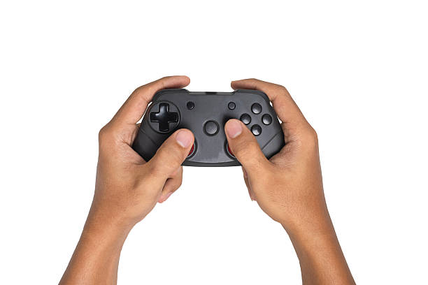istock male hand holding black joystick controller isolated on white background 2243527917