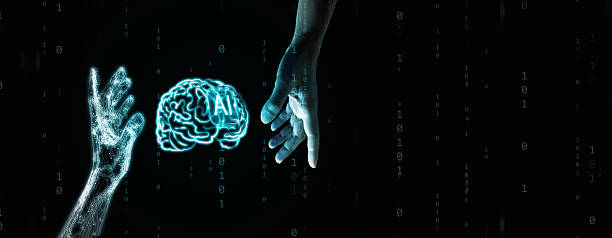 istock Human and robotic hands reaching toward glowing AI brain, symbolizing artificial intelligence, innovation, data technology, human-machine connection, trust, and cooperation in tech. 2243533260