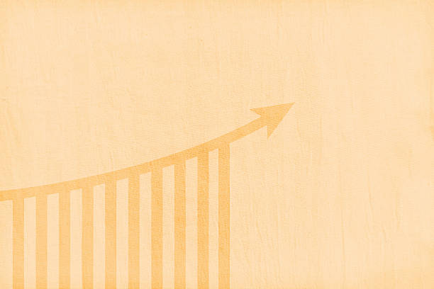 One upward faded up arrow curve over steps of bar graph staircase for increasing stock market profits, growth, historic sales data progress, on blank textured vector light brown beige fawn colored background with copy space.